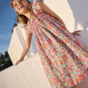 Mini Boden -Adeline Pink Apple Blossom Floral Smocked Sleeveless Dress, Size 7-8